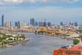 Aerial view of Temple of Dawn or Wat Arun of Chao Phraya River, Bangkok, Thailand in Rattanakosin Island in architecture, Urban