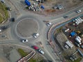 Aerial view of a temporary roundabout made from traffic cones in major roadworks Royalty Free Stock Photo