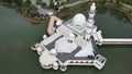Aerial view of the Tengku Tengah Zaharah Mosque floating on the body of water