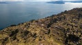 Aerial view on terraced slopes of Taquile island on Titicaca Lake Royalty Free Stock Photo