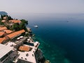 Aerial view of the terraces, pool and rooftop restaurant on the island of Sveti Stefan Royalty Free Stock Photo