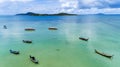 Aerial View of Thai traditional longtail fishing boats in the tropical sea beautiful beach in phuket thailand Royalty Free Stock Photo