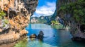 Aerial view Thai traditional wooden longtail boat and beautiful limestone Ao Phra Nang Beach in Krabi, Ao Nang, Krabi, Thailand