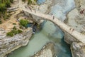 Aerial view of thermal springs in Canyon Langarica in Albania, Europe, Summer 2022