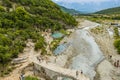 Aerial view of thermal springs in Canyon Langarica in Albania, Europe, Summer 2022
