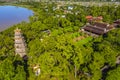 Aerial view of The Thien Mu Pagoda. It is one of the ancient pagoda in Hue city. It is located on the banks of the Perfume River Royalty Free Stock Photo