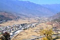 Aerial view of Thimphu City with Bhutanese traditional style houses near a river in Paro, Bhutan