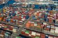 Aerial view of a thousands of shipping containers on the ground in Long Beach port near Los Angeles California