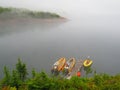 Aerial view of three brightly colored zodiacs moored. Thick fog is confused with lake water. Intense vegetation. Winter image