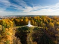 Aerial view of the Three Crosses monument overlooking Vilnius Old Town on sunset. Vilnius landscape from the Hill of Three Crosses Royalty Free Stock Photo