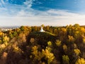 Aerial view of the Three Crosses monument overlooking Vilnius Old Town on sunset. Vilnius landscape from the Hill of Three Crosses Royalty Free Stock Photo