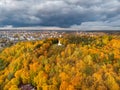 Aerial view of the Three Crosses monument overlooking Vilnius Old Town on sunset. Vilnius landscape from the Hill of Three Crosses Royalty Free Stock Photo