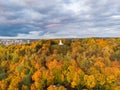 Aerial view of the Three Crosses monument overlooking Vilnius Old Town on sunset. Vilnius landscape from the Hill of Three Crosses Royalty Free Stock Photo