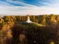 Aerial view of the Three Crosses monument overlooking Vilnius Old Town on sunset. Vilnius landscape from the Hill of Three Crosses Royalty Free Stock Photo