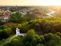 Aerial view of the Three Crosses monument overlooking Vilnius Old Town on sunset. Vilnius landscape from the Hill of Three Crosses Royalty Free Stock Photo