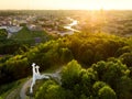 Aerial view of the Three Crosses monument overlooking Vilnius Old Town on sunset. Vilnius landscape from the Hill of Three Crosses Royalty Free Stock Photo