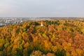 Aerial view of the Three Crosses monument overlooking Vilnius Old Town on sunset. Vilnius landscape from the Hill of Three Crosses Royalty Free Stock Photo