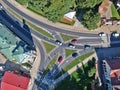 Aerial view on three line road intersection with old building