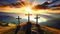 Aerial View of Three Religious Crosses Against a Dramatic Sky at Sunset - Generative Ai Royalty Free Stock Photo