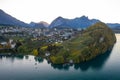 Aerial view of Thunersee lake and vineyards near the town of Spiez. Switzerland in the fall