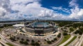 Aerial view of the TIAA Bank Field stadium under the blue cloudy sky in Jacksonville