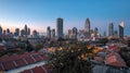 Aerial view of TianJin skyline on pinkish-blue sunset sky background in China