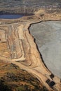 An aerial view of the tiers and dykes at a copper mine.