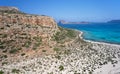 Aerial view on Tigani cape and Balos lagoon with Gramvoussa island on background. Dimos Kissamou, Chania prefecture, Crete, Greece Royalty Free Stock Photo