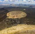 Aerial view of Timanfaya, national park, Caldera Blanca, interior of the crater. Lanzarote, Canary Islands, Spain Royalty Free Stock Photo