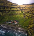 Aerial view of the Tjornuvik village and its beach in the Faroe Islands