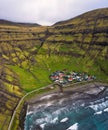 Aerial view of the Tjornuvik village and its beach in the Faroe Islands