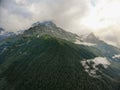 Aerial view to the beautiful mountain landscape. A panorama from the drone. Dombai Russia Royalty Free Stock Photo