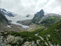 Aerial view to the beautiful mountain landscape. A panorama from the drone. Dombai Russia Royalty Free Stock Photo