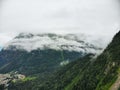 Aerial view to the beautiful mountain landscape. A panorama from the drone. Dombai Russia Royalty Free Stock Photo