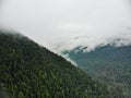 Aerial view to the beautiful mountain landscape. A panorama from the drone. Dombai Russia Royalty Free Stock Photo