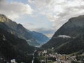 Aerial view to the beautiful mountain landscape. A panorama from the drone. Dombai Russia Royalty Free Stock Photo