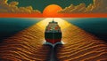 Aerial view to cargo ship with containers on deck in open sea beautiful sunset, cargo transportation