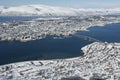 Aerial view to the city of Tromso, 350 kilometers north of the Arctic Circle, Norway Royalty Free Stock Photo