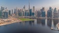 Aerial view to Dubai Business Bay and Downtown with the various skyscrapers and towers timelapse Royalty Free Stock Photo