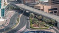 Aerial view to Dubai marina skyscrapers with construction site and Palm Jumeirah Island on background timelapse. Royalty Free Stock Photo