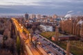 Aerial view to evening Voronezh in late fall, view to Spacemen street. Construction of modern buildings