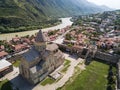 Aerial view to Svetitskhoveli Orthodox Cathedral and historical town Mtskheta, near Tbilisi, Georgia Royalty Free Stock Photo