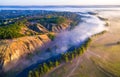 Aerial view to foggy valley with river Siverskyi Donets