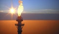 Aerial view to gas flare stack of petroleum refineries sunset background, flare pit tower Royalty Free Stock Photo