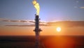 Aerial view to gas flare stack of petroleum refineries sunset background, flare pit tower Royalty Free Stock Photo