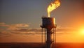 Aerial view to gas flare stack of petroleum refineries sunset background, flare pit tower Royalty Free Stock Photo