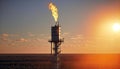 Aerial view to gas flare stack of petroleum refineries sunset background, flare pit tower Royalty Free Stock Photo