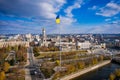 Aerial view to highest ukrainian flag on embankment in Kharkiv Royalty Free Stock Photo