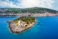 Aerial view to the lighthouse and picturesque town of Gythio, south Peloponnese, Greece Royalty Free Stock Photo