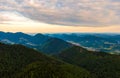 Aerial view to Mala Fatra mountains in Slovakia. Sunrise above mountain peaks and hills in far. Beautiful nature, vibrant colors. Royalty Free Stock Photo